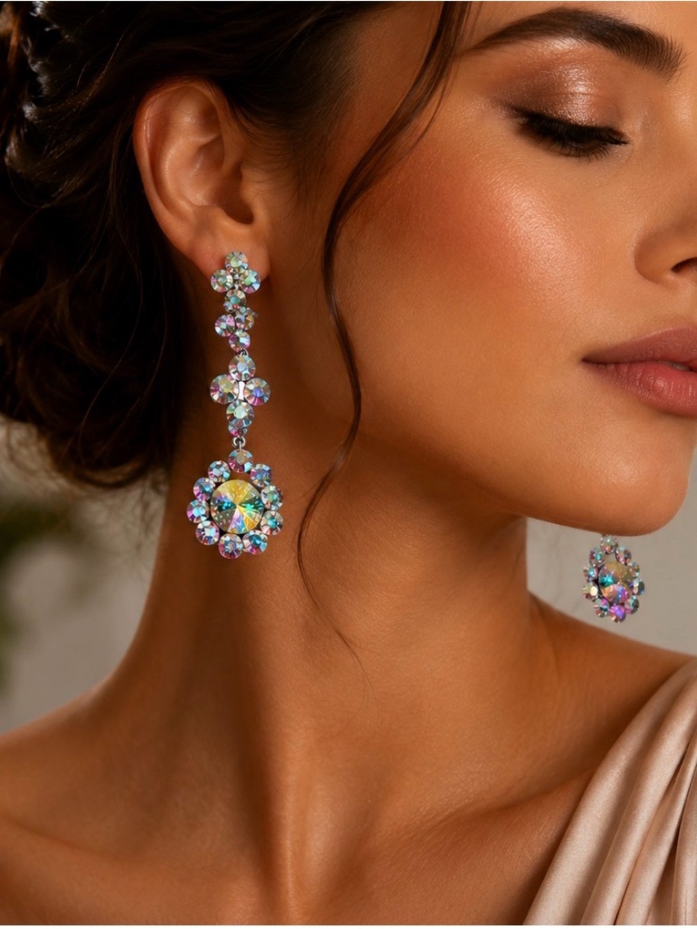 Vintage Aurora Borealis Rhinestone Glam Statement Pierced Earrings